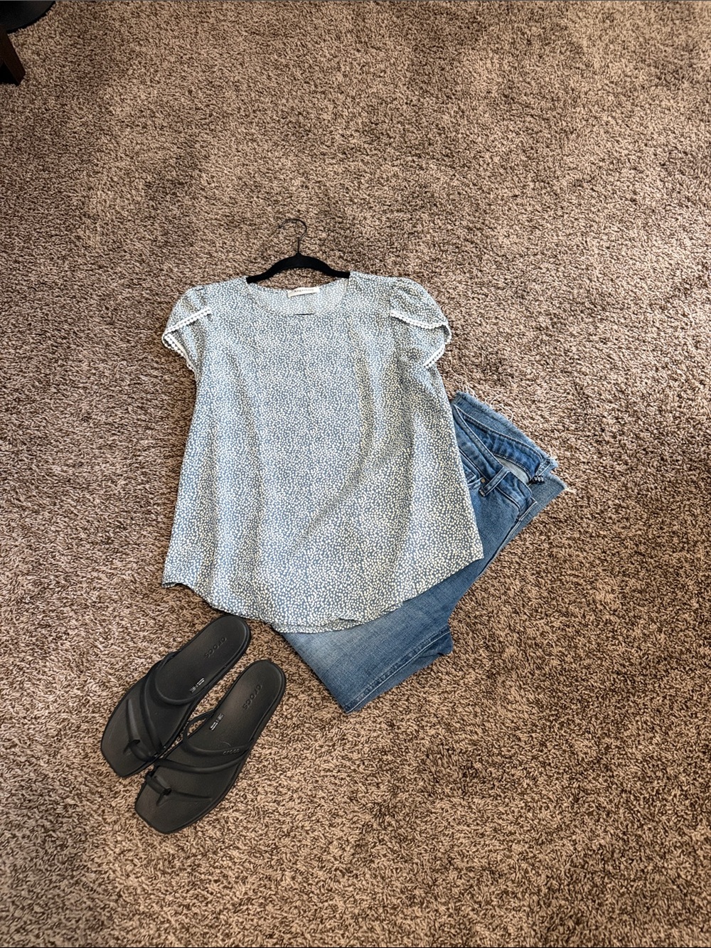 Light Blue Printed Short-Sleeve Women's Blouse
